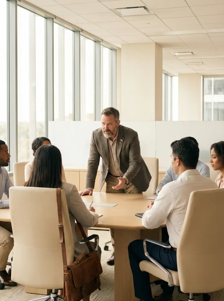 A veteran leading a discussion at a conference table