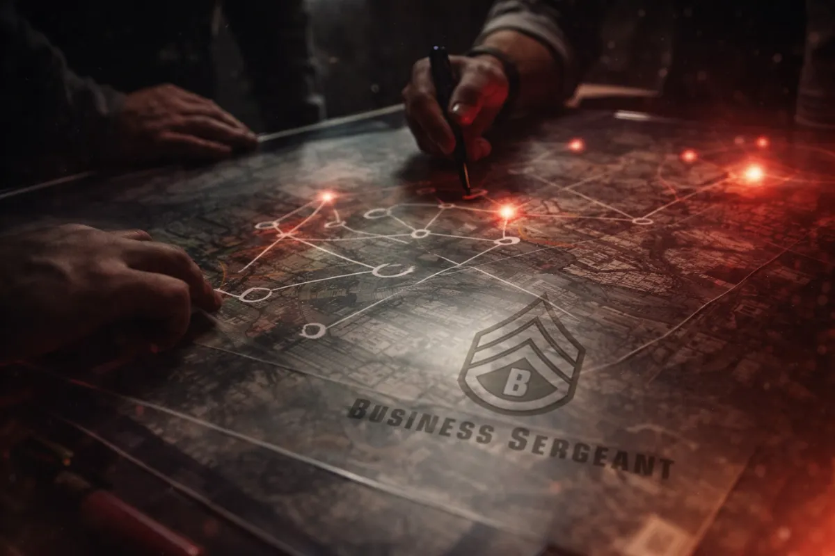 Hands analyzing a strategic map with glowing markers