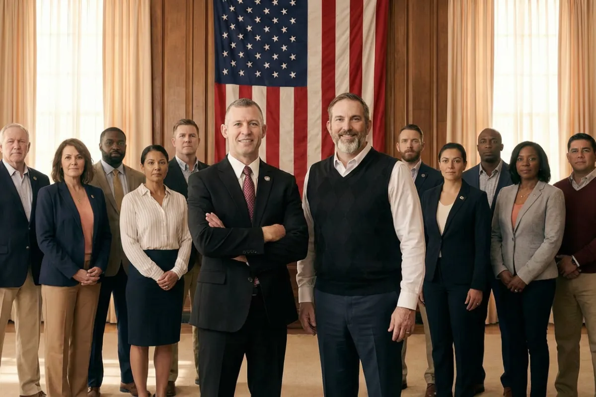 Veterans and professionals standing in front of an American flag